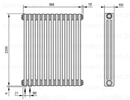 Схема (чертеж) Радиатор Zehnder Charleston 3220/13 №3370 Белый глянцевый RAL 9016